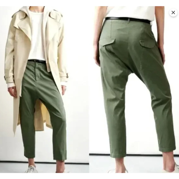 NWT! Nili Lotan 4 Slouchy Paris Pants $345 Cotton Drop Crotch Crop Army Green - Picture 4 of 5